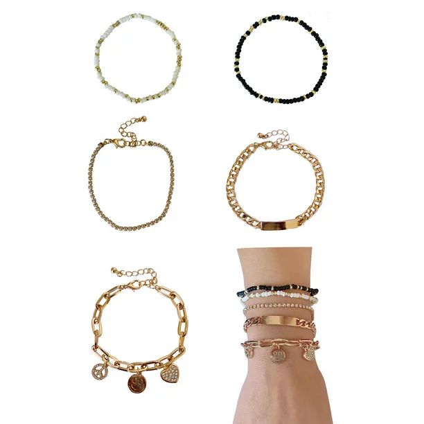 No Boundaries Gold Charm and Beaded Bracelets, 5 Pack | Walmart (US)