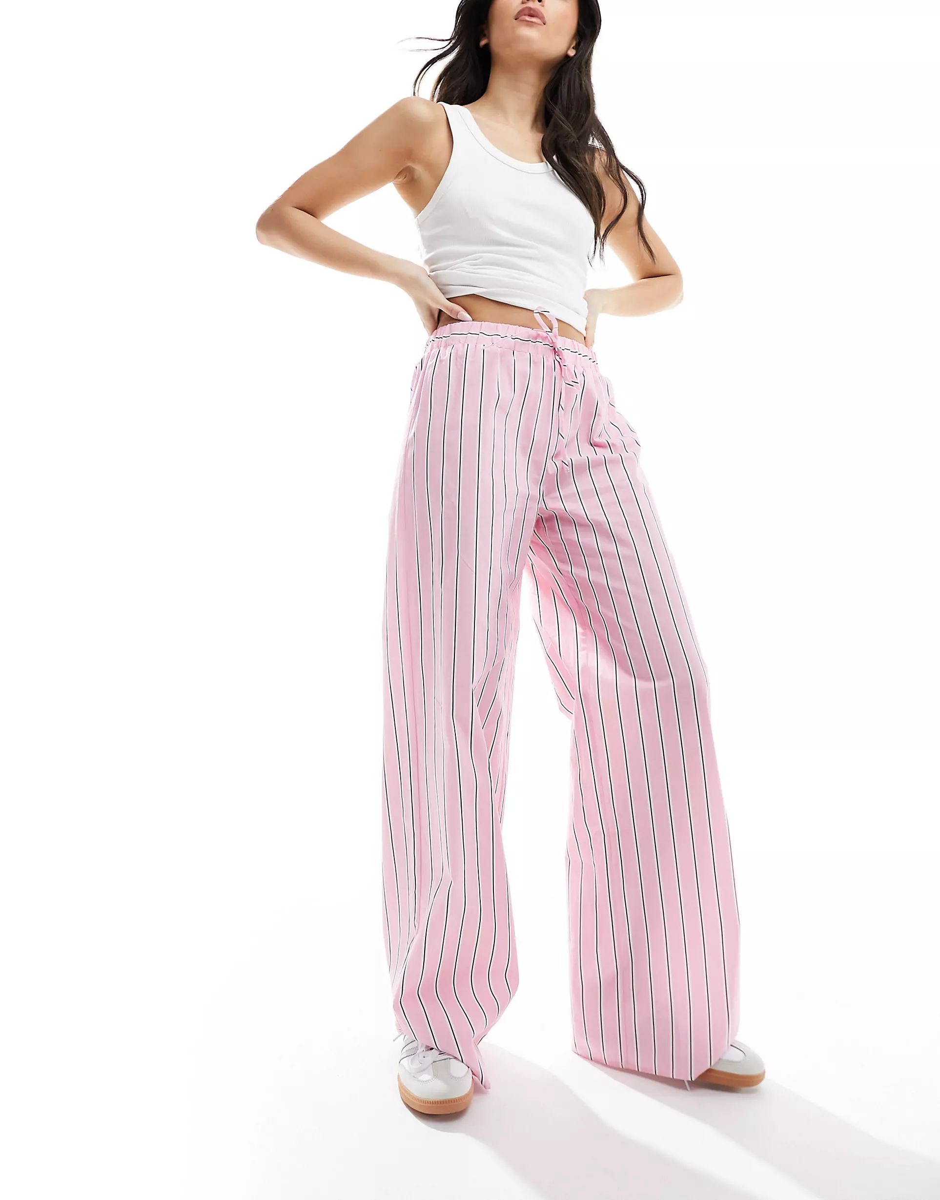 ASOS DESIGN wide leg cotton poplin trouser in pink stripe | ASOS (Global)