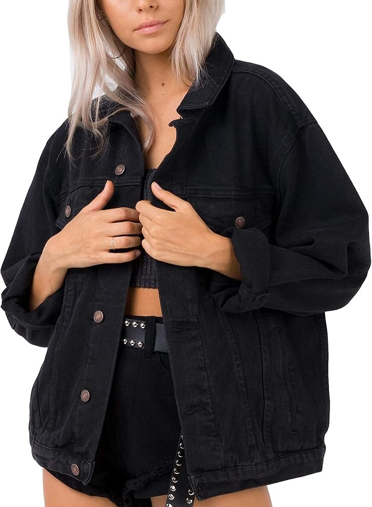 Justalwart Women's Oversized Vintage Denim Jacket Long Sleeve Boyfriend Coat | Amazon (US)