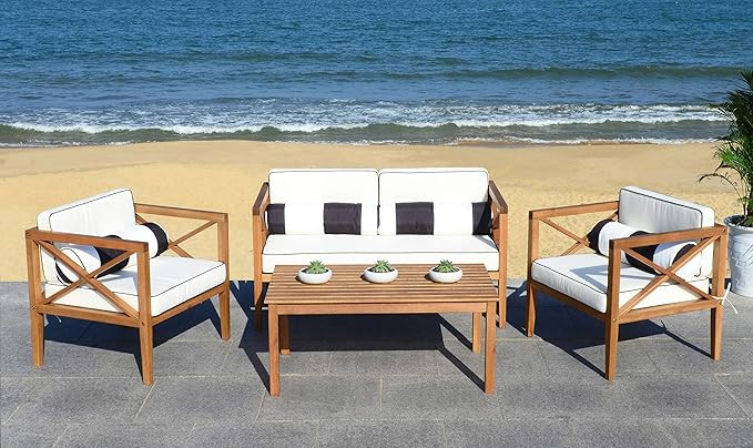 Safavieh PAT7031C Collection Nunzio Teak, Black and White 4 Pc Accent Pillows Outdoor Set, Natura... | Amazon (US)
