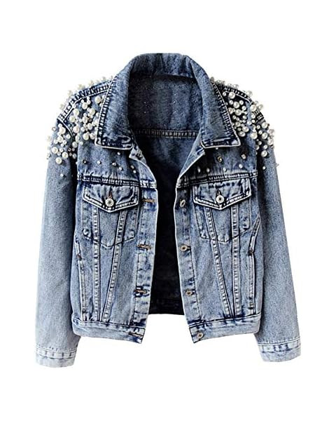 Kedera Women Oversized Denim Jacket Embroidered Pearls Beading Jeans Coat | Amazon (US)