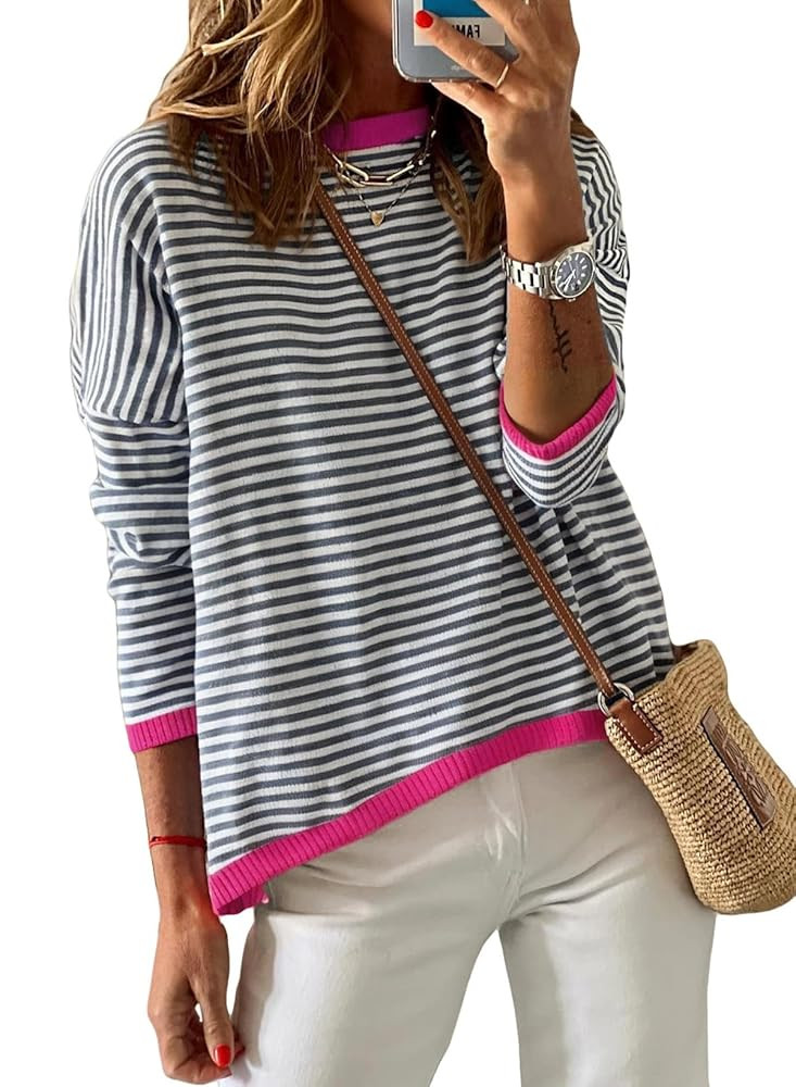 Dokotoo Women's Long Sleeve Sweaters Casual Crewneck Fashion Fall Striped Color Block Shirts High... | Amazon (US)