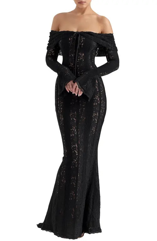 HOUSE OF CB Belle Off the Shoulder Long Sleeve Maxi Dress in Black at Nordstrom, Size Large | Nordstrom