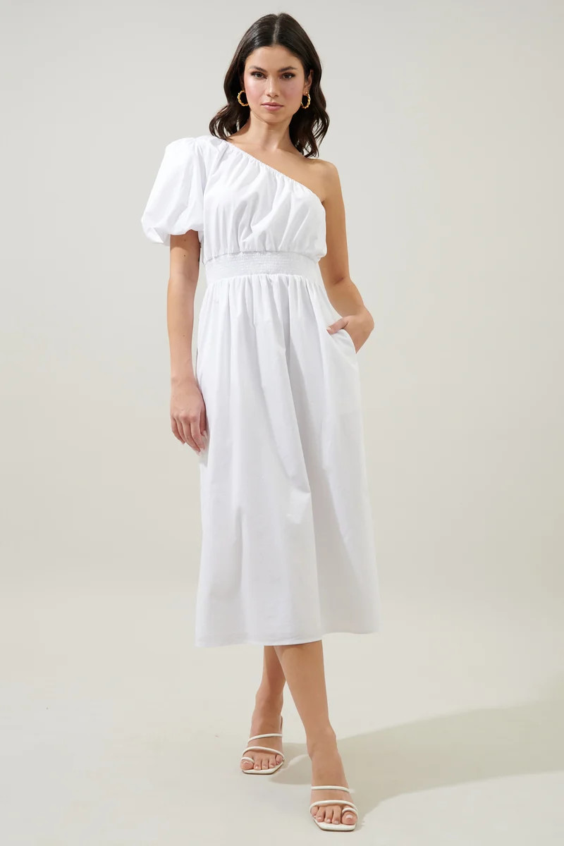 Bridgette One Shoulder Balloon Sleeve Poplin Midi Dress | Sugarlips