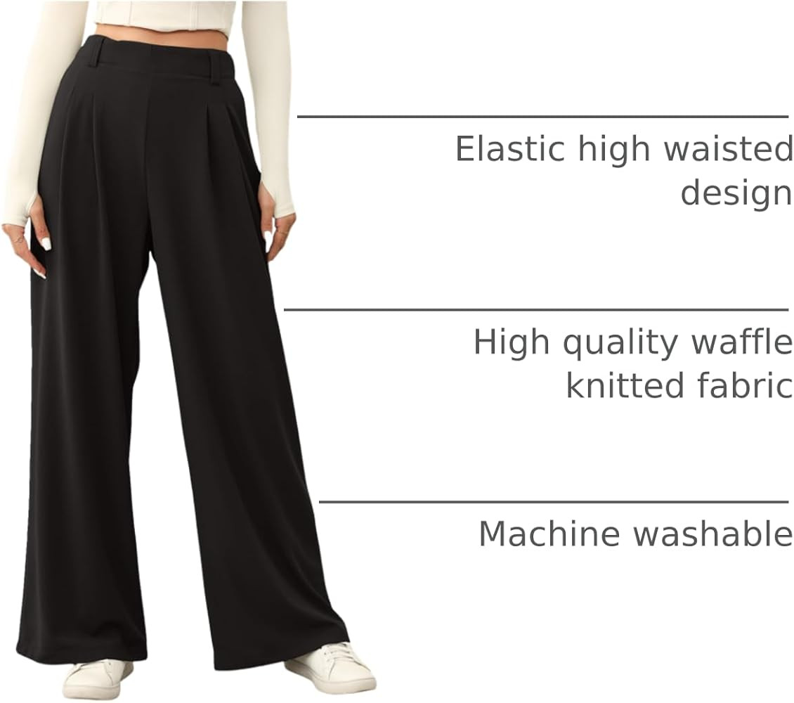 EVALESS Women's Wide Leg Pants Elastic High Waisted Waffle Knit Casual Palazzo Pants Trousers wit... | Amazon (US)