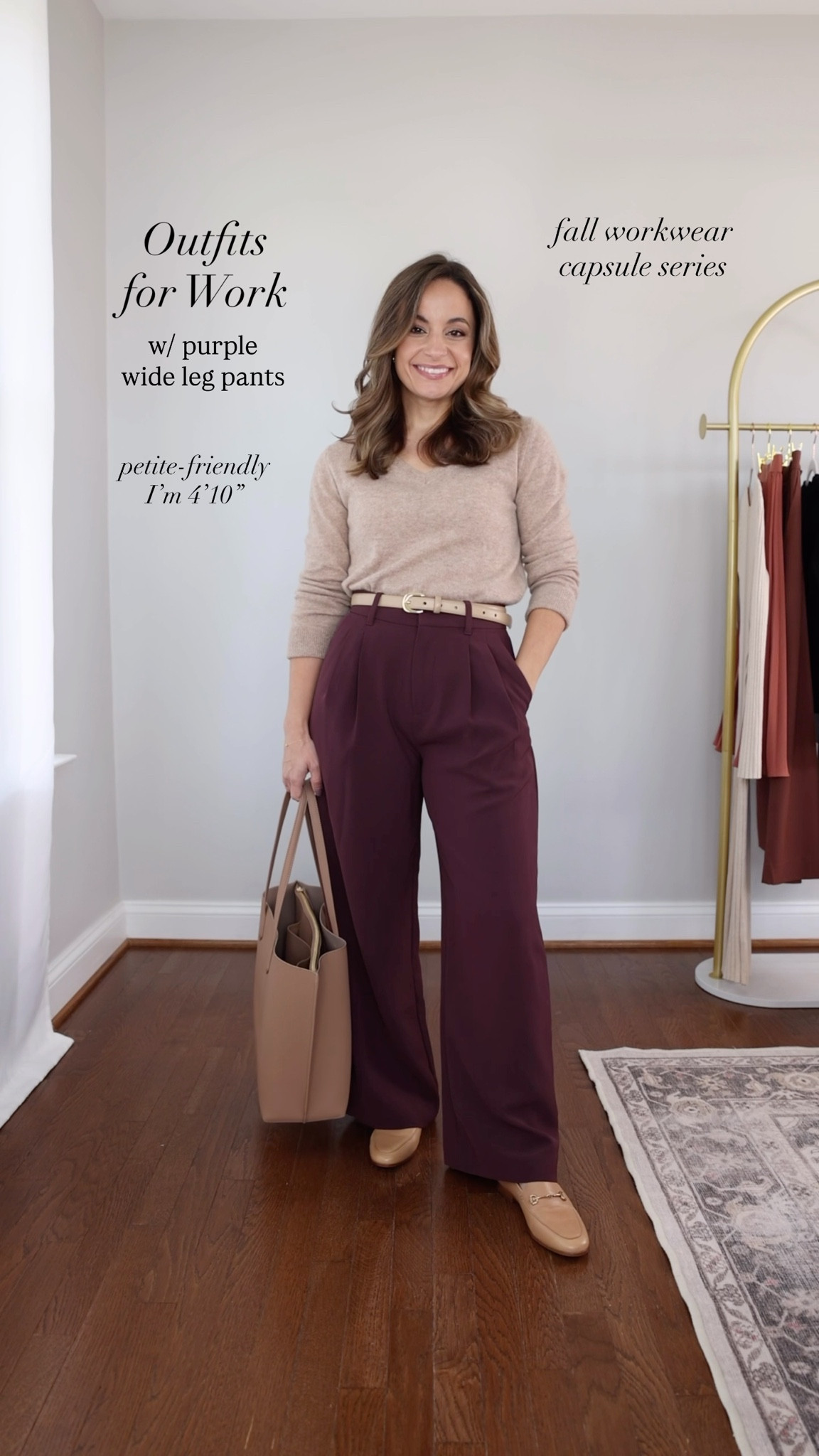 The 2025 fall workwear capsule series: purple wide leg pants six ways! 

Black top (Quince): xs 
V neck sweater (Quince): xs in oatmeal 
Short sleeve sweater (Quince): xs in rich burgundy 
Button down top (J.Crew Factory): petite xxs 
White long sleeve top (Quince): xs 
Duster cardigan (Amazon): xs in apricort 
Plaid blazer (BR Factory): petite 00 
Tan blazer (J.Crew): petite 00 in burnished saddle 
Purple pants (Gap): petite 00 / 11” rise / 28” inseam 


My measurements for reference: I’m 4’10” and 105lbs. My bust, waist, and hip measurement is 32”, 24”, and 36”.

#LTKPetite #LTKWorkwear