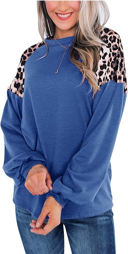 Uincloset Women's Leopard Print Patchwork Raglan Long Sleeve Crew Neck Shirts Casual Loose Pullov... | Amazon (US)