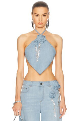 AREA Crystal Rosette Handkerchief Top in Blue | FWRD 