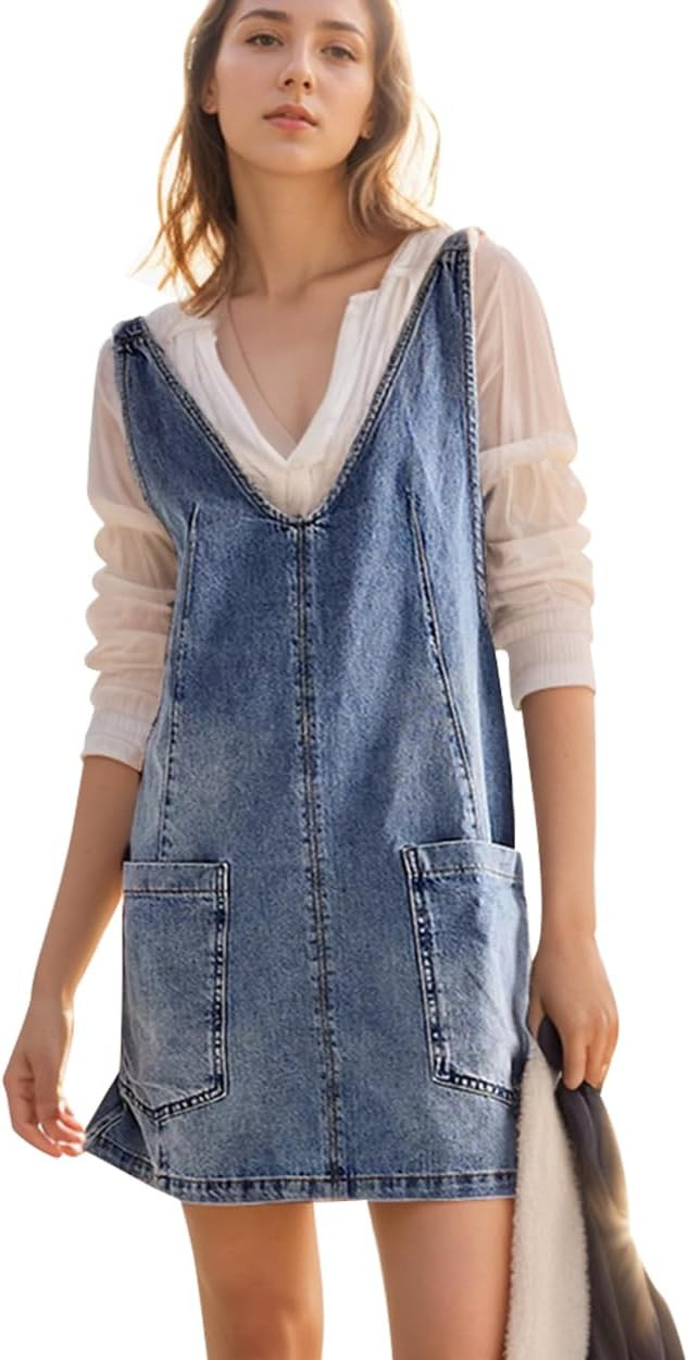 Overall Dress for Women Denim Dress Denim Overall Dress High Roller Skirtall Jean Dress Denim Jum... | Amazon (US)