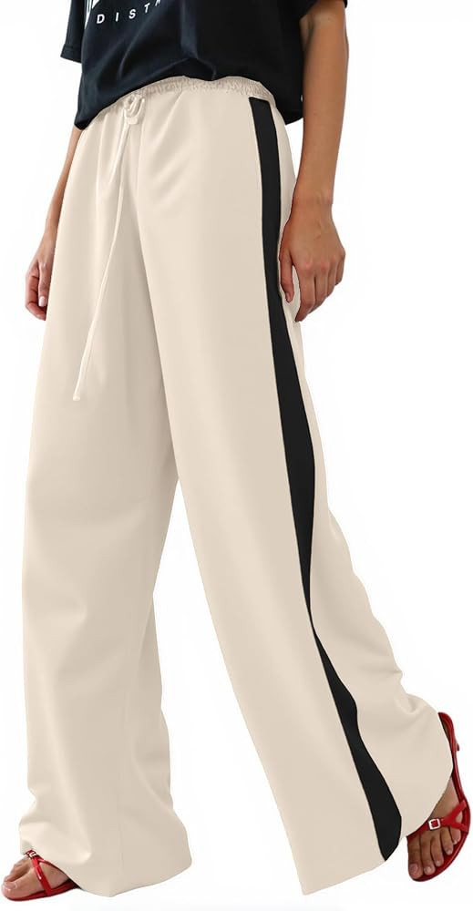 Women Drawstring Leopard Striped Straight Casual Pants (3-Beige Black, M) | Amazon (US)