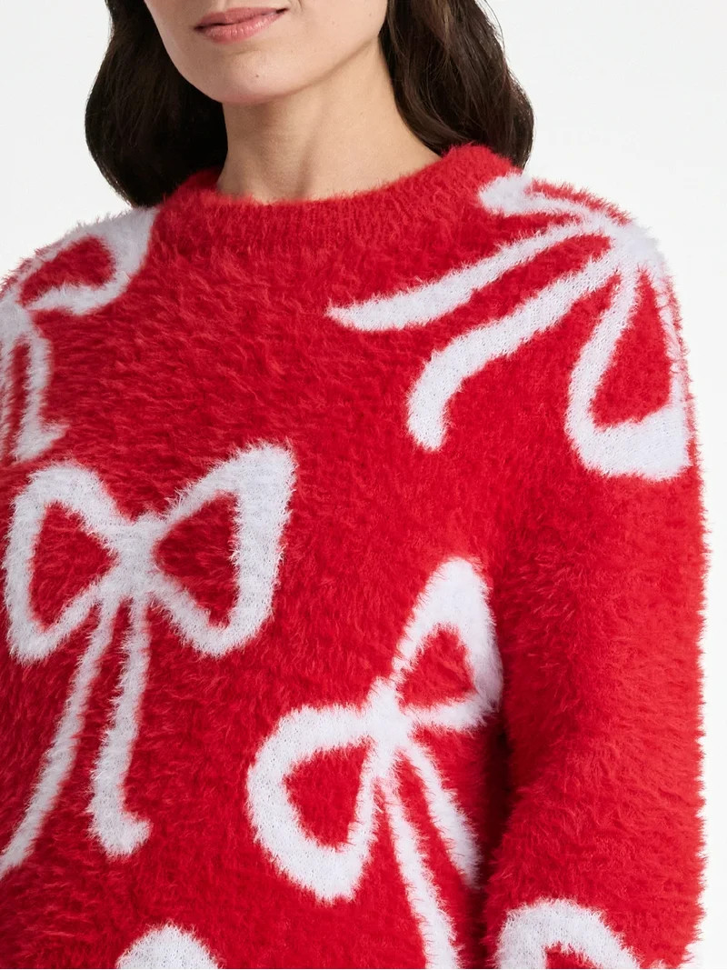 99 Jane Street Women's and Women's Plus Bow Print Pullover Sweater, Midweight, Sizes XS-4X | Walmart (US)