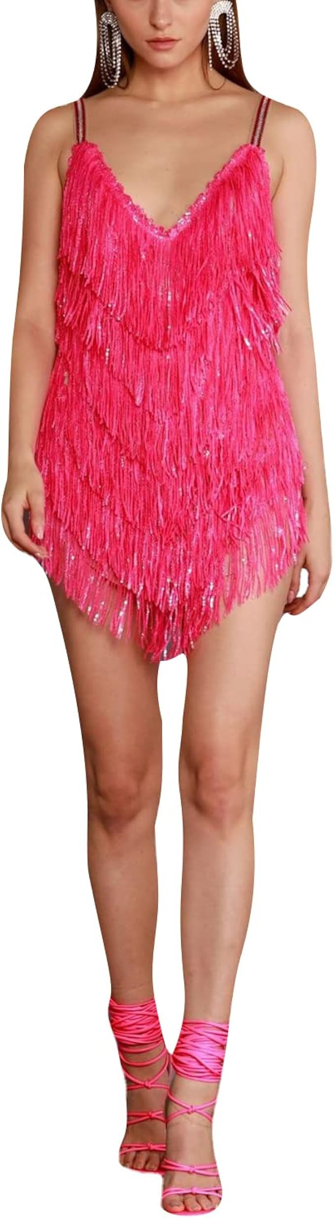 Yoawdats Women's Tassel Sequin Dress Sexy Sleeveless V-Neck Spaghetti Strap 1920s Glitter Sequins... | Amazon (US)