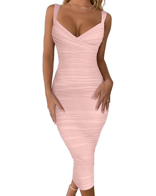 BEAGIMEG Women's Sexy Bodycon Sleeveless Ruched Mesh Club Party Midi Dress | Amazon (US)