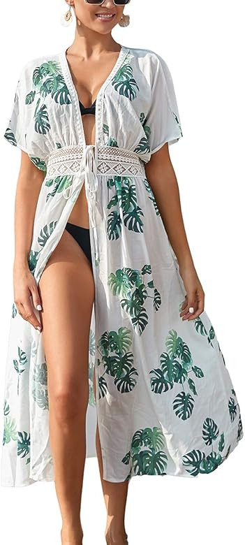 Women Solid Color Long Beach Kimono Cardigan Open Front Bikini Swimsuit Cover Up | Amazon (US)