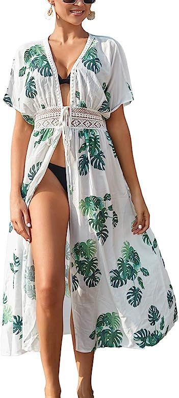 Women Solid Color Long Beach Kimono Cardigan Open Front Bikini Swimsuit Cover Up | Amazon (US)