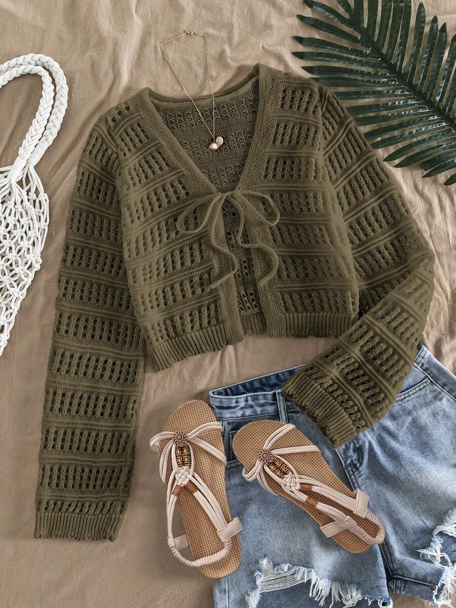 Travachic Women's Solid Color Hollow Out Long Sleeve Front Tie Knit Cardigan, Vacation Wear, Cott... | SHEIN