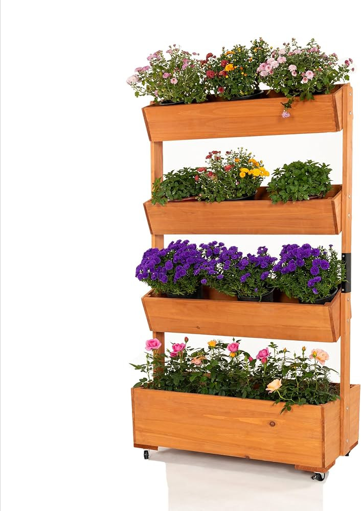 Wooden Elevated Garden Bed, Vertical 4-Storey Wooden Flowerpot Box with Wheels, Adjustable Flower... | Amazon (US)