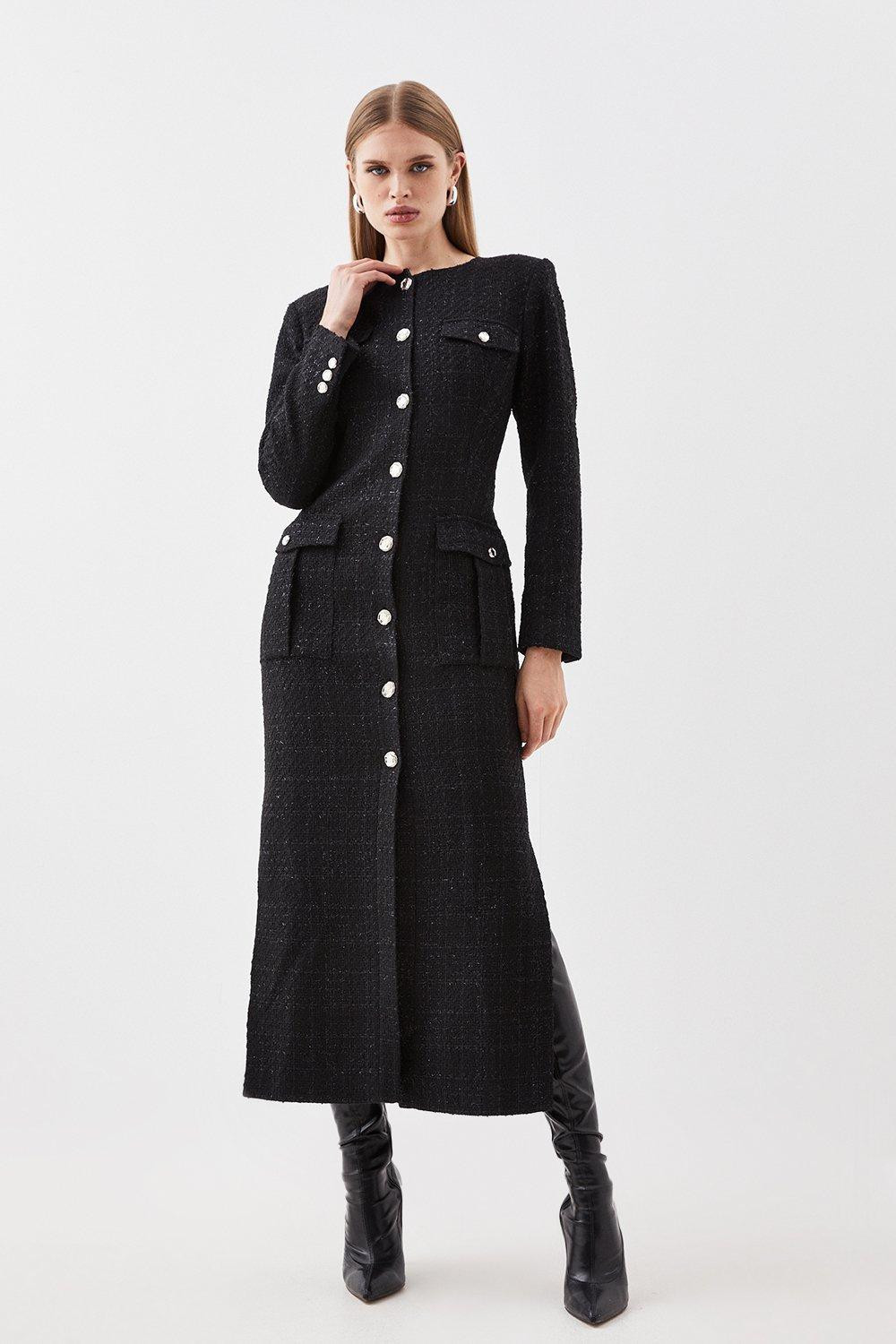 Tailored Sparkle Boucle Pocket Detail Long Sleeve Midi Dress | Karen Millen US