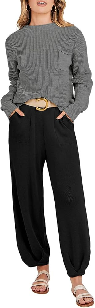 MEROKEETY Women's 2 Piece Outfits Sweater Set Long Sleeve Knit Pullover High Waist Pants Lounge S... | Amazon (US)