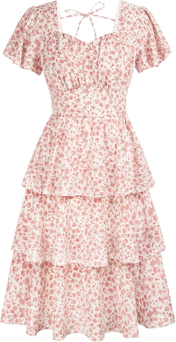 Belle Poque Women's Square Neck Tiered Ruffle Dress 2025 Summer Vintage Short Sleeve Layered A-li... | Amazon (US)