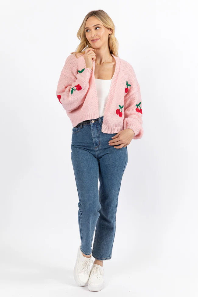 Cherry Picking Pink Embroidered Cardigan | Pink Lily