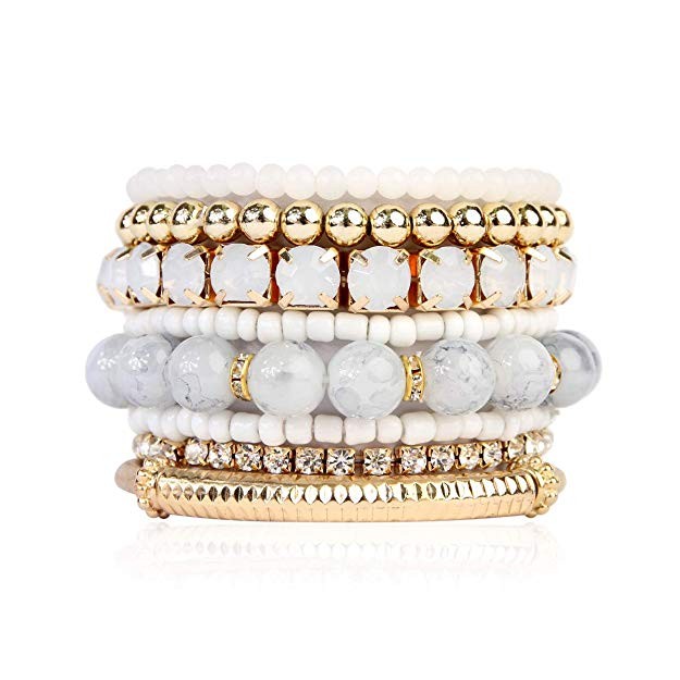 RIAH FASHION Multi Color Stretch Beaded Stackable Bracelets - Layering Bead Strand Statement Bangles | Amazon (US)