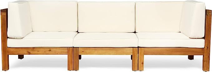 Great Deal Furniture Dawson Outdoor Sectional Sofa Set - 3-Seater - Acacia Wood - Outdoor Cushion... | Amazon (US)