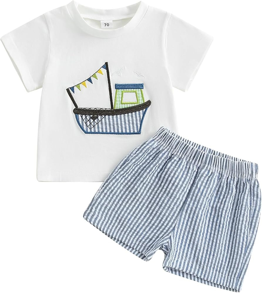 Toddler Boy Clothes Fire Engine Embroidery T-Shirt Plaid Shorts Summer Baby Boys Outfits | Amazon (US)