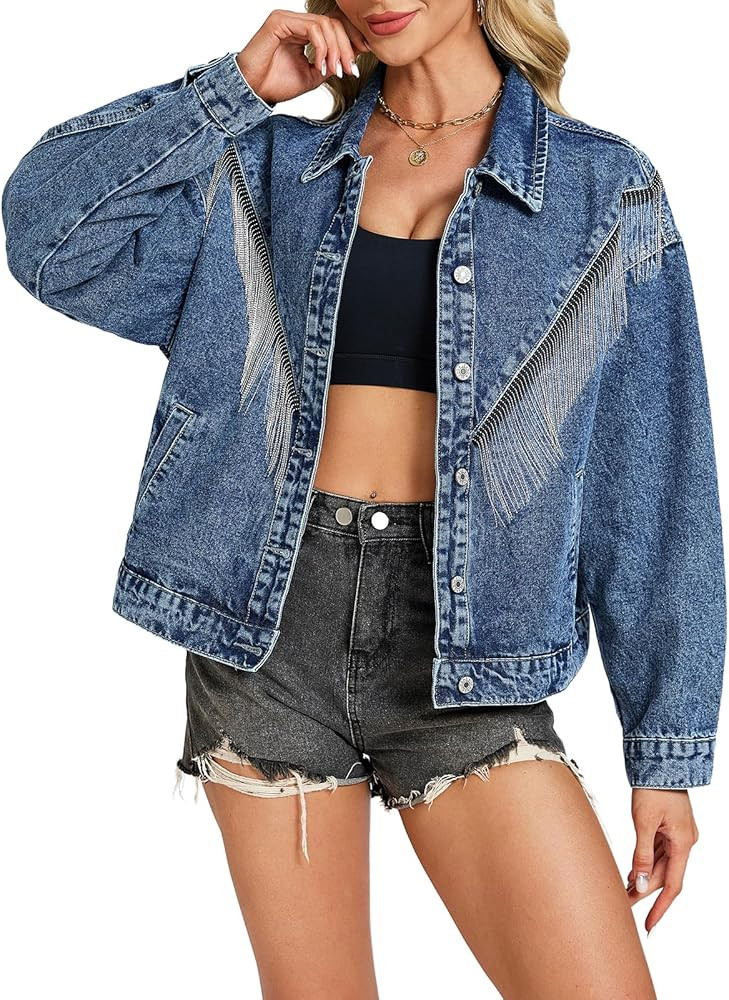 SCOFEEL Women's Fringed Denim Jacket Oversized Tassel Sparkly Jean Jackets 2026 Western Country C... | Amazon (US)