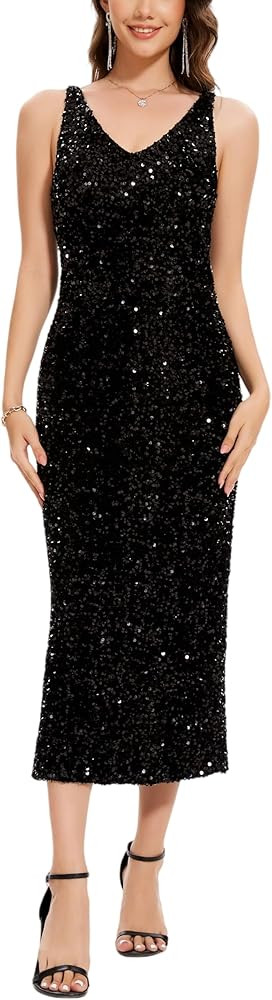 OVRUNS Women Sequin Dress Sleeveless V Neck A Line V Back with Liner Sparkly Evening Party Glitte... | Amazon (US)
