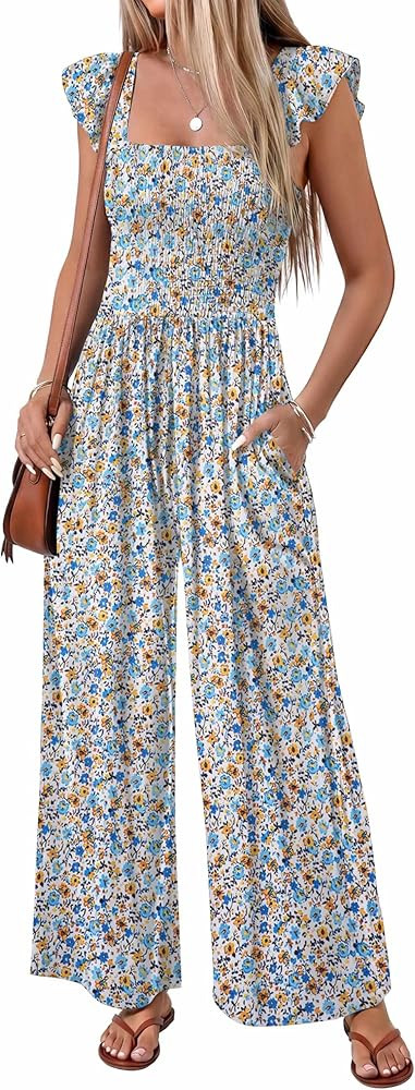 Ekouaer Womens Casual Jumpsuits Summer Boho Outfits Printed Smocked Wide Leg Vacation Jumper With... | Amazon (US)
