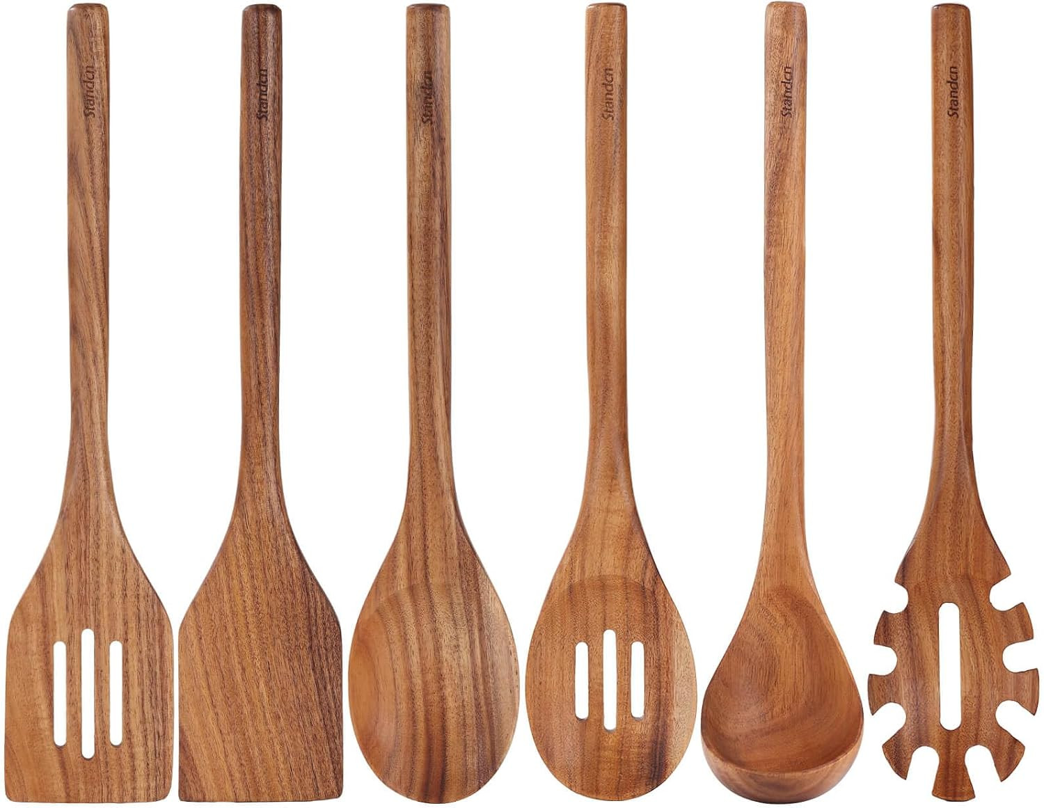 Acacia Wood Utensils Set - 6 Piece Handmade Wooden Spoons for Cooking, Natural Acacia Wood Kitchen Utensils for Non-stick Cookware, Turner, Serving Spoon, Slotted Spoon, Soup Ladle, Spaghetti | Amazon (US)