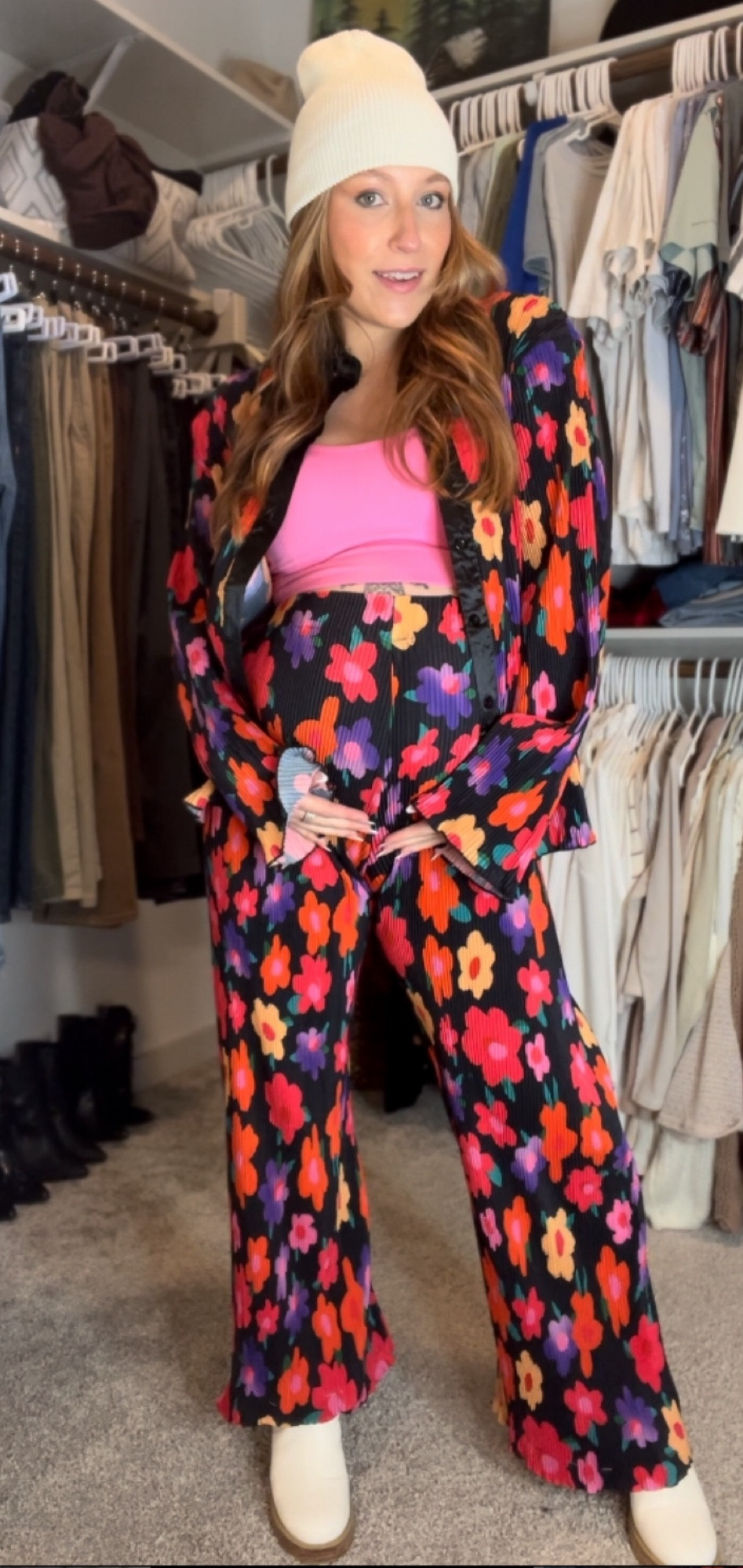 Maternity ootd - Floral Matching Set - Amazon Floral Set - Amazon Hot Pink Crop Top - Amazon Black Short Sleeve with Slit - Altard State Platform Boots - White Platform Boots - White Beanie - Amazon Beanie - Maternity Outfit - Matching Set Outfit 

#LTKshoecrush #LTKbump #LTKstyletip