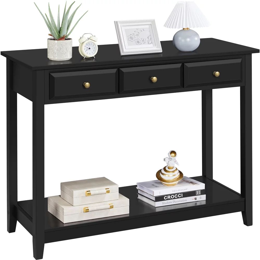 Alden Design 3-Drawer Wooden Console Table with Storage Shelf for Entryway, Black | Walmart (US)