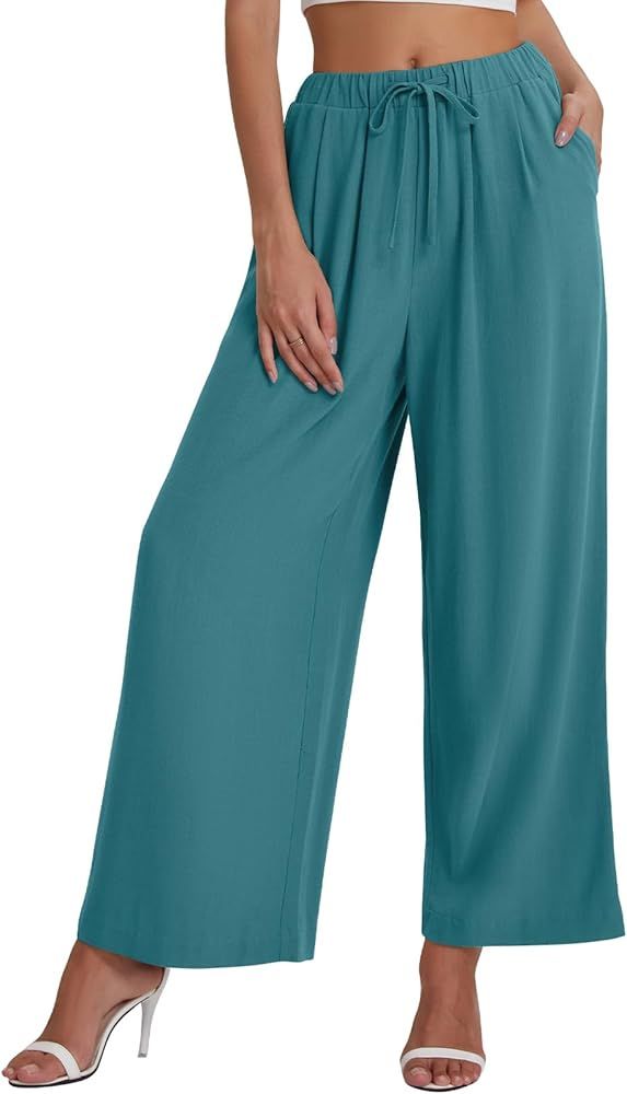 Bloggerlove Womens Linen Palazzo Pants Summer Casual Boho Wide Leg High Waist Lounge Beach Trouse... | Amazon (US)