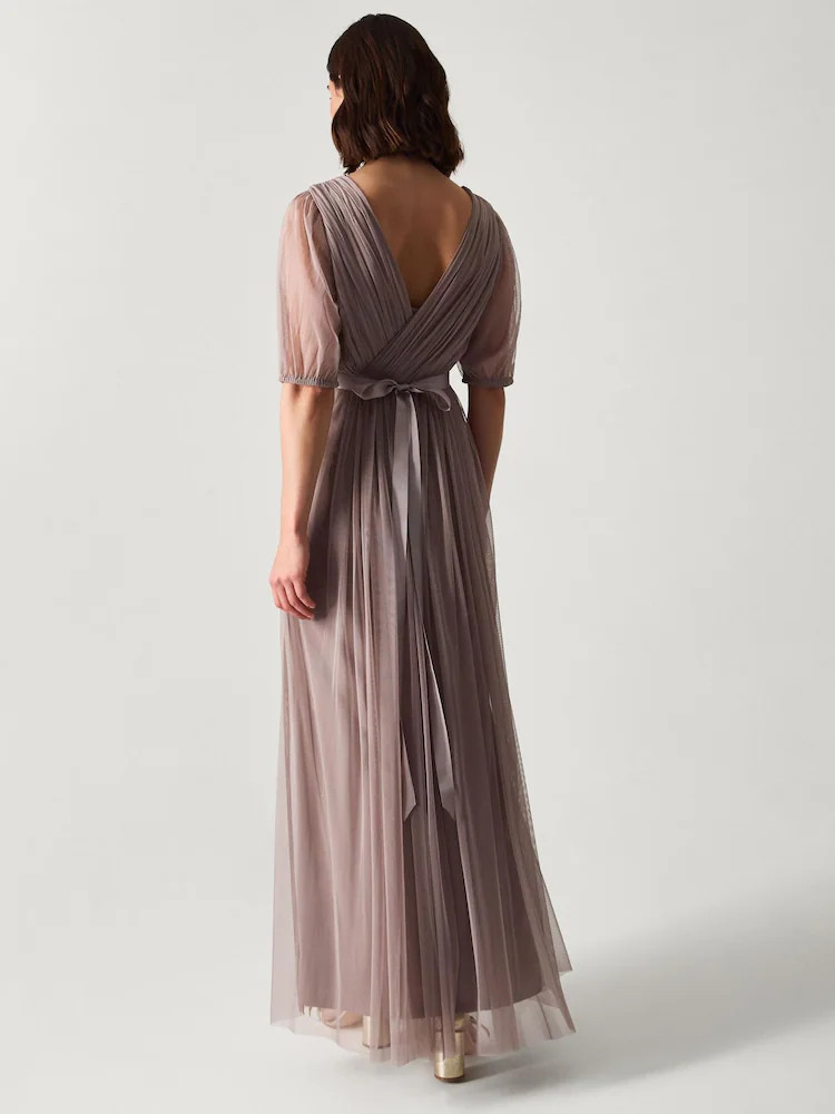 Monsoon Brown Ellie Sheer Sleeve Plunge Tulle Maxi Dress | Next US