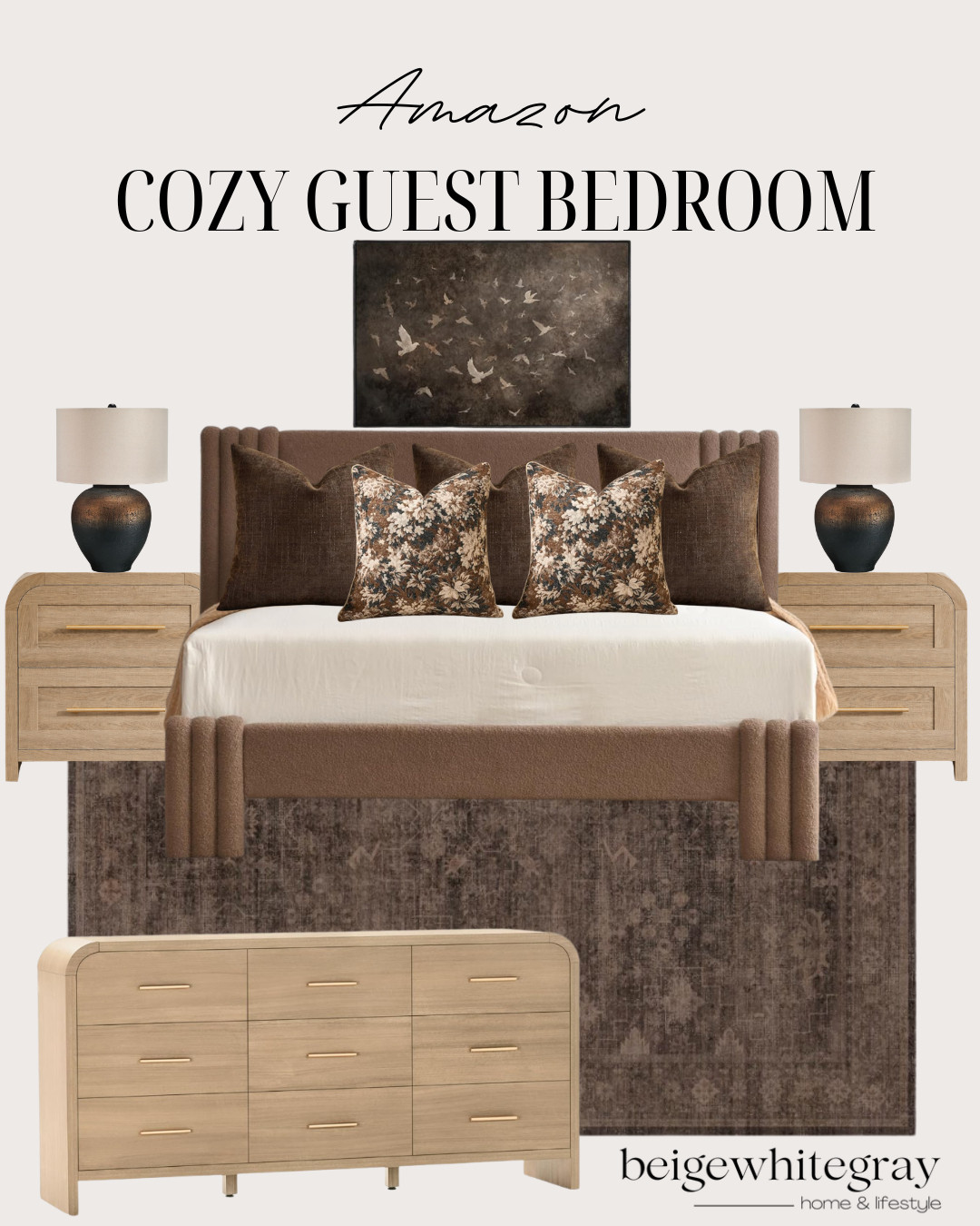 Amazon Cozy Guest Bedroom, amazon bedroom decor, cozy guest bedroom, guest bedroom inspiration, neutral bedroom decor, bedroom styling ideas, amazon home finds, upholstered bed, brown bedroom decor, floral throw pillows, neutral bedding, wood nightstands, light oak dresser, modern organic bedroom, cozy home decor, bedroom lamps, area rug inspiration, warm neutral decor, fall bedroom decor, guest room ideas, bedroom refresh

#LTKHome