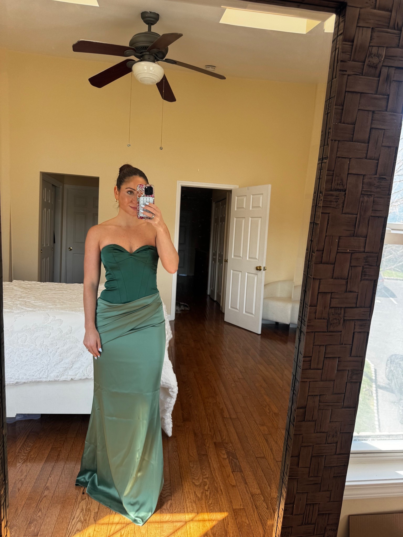 emerald green bandeau folded detail extreme split maxi dress Shop Elegant Marie Strapless Maxi Dress in Emerald main image 1