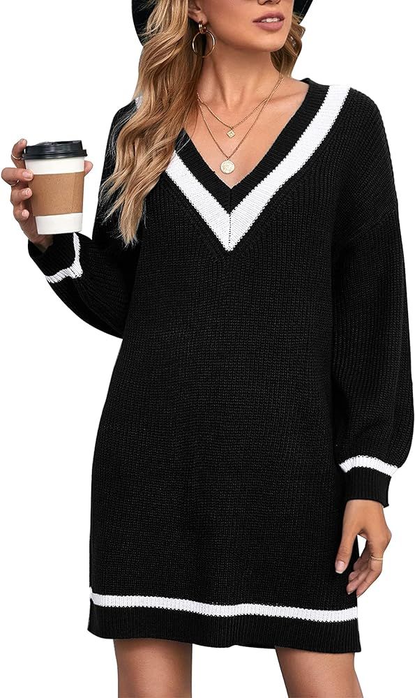 Uniexcosm Women's V-Neck Sweater Dress Balloon Sleeve Knitted Tunic Pullover Dress | Amazon (US)
