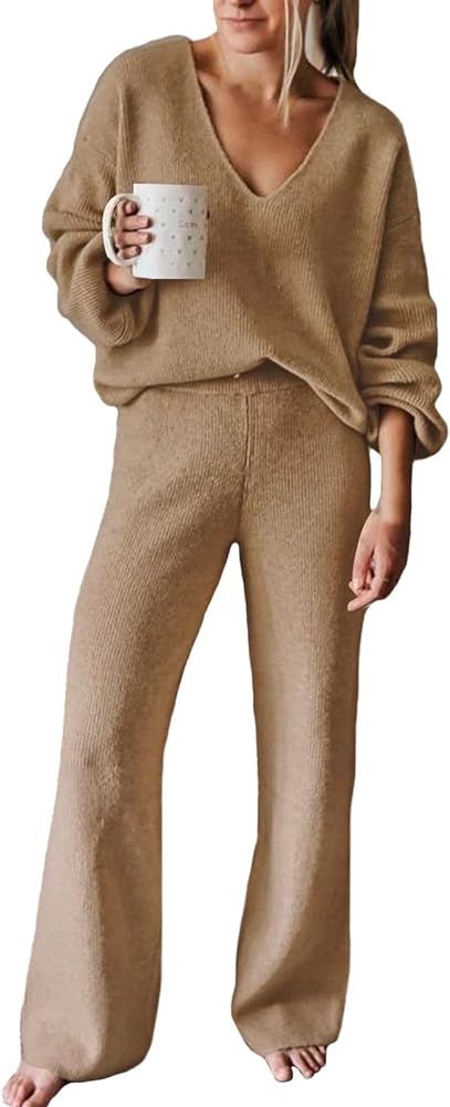 Linsery Women Ribbed Tracksuit 2 Piece Casual Deep V Neck Solid Color Sweatsuit Lounge Pajamas Set L | Amazon (US)