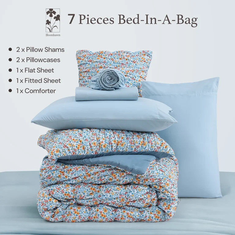 Amberspace Puff 7-piece Bed in a Bag Comforter Set with Sheets,Marigold,Queen | Walmart (US)