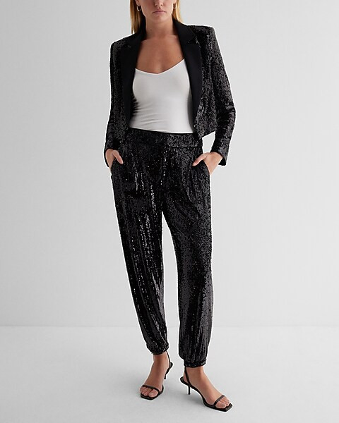 High Waisted Sequin Joggers | Express