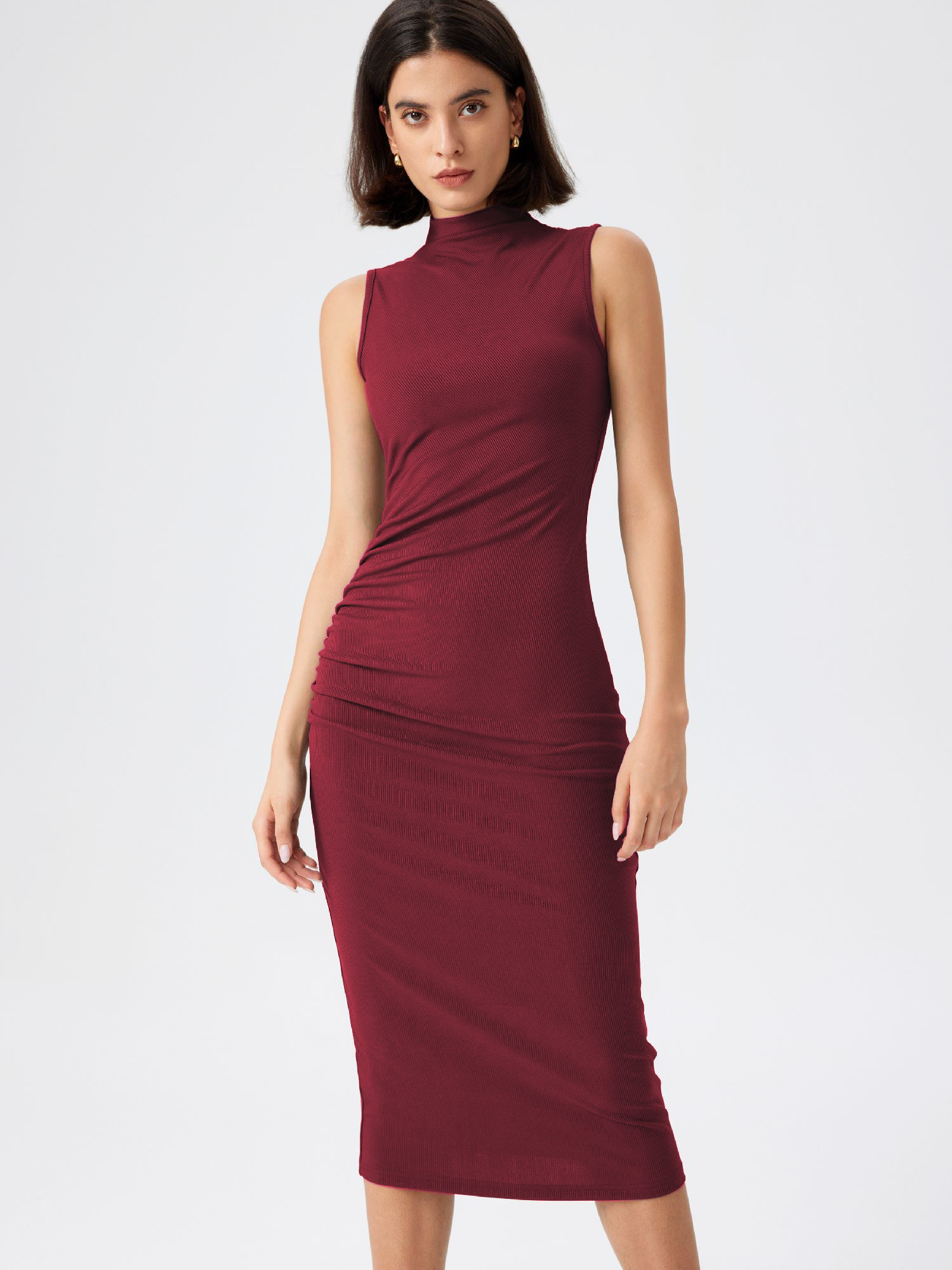 Summer Dresses Fall Dresses Winter Dress Knit Fabric High Neck Ruched Midi Dress For Date Exhibit... | Cider