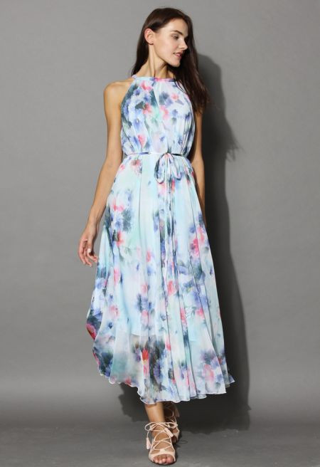 Tranquil Blue Watercolor Floral Maxi Slip Dress | Chicwish