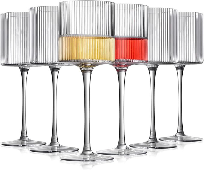 Square Wine Glasses Set of 6, Elegant Ribbed Design Wine Glasses 12.5oz, Long Stem Unique Modern ... | Amazon (US)