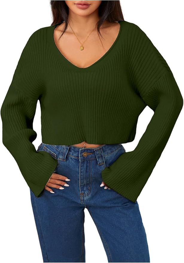 MakeMeChic Women's Cream Cropped Sweater Knit Crop Top Sweater V Neck Drop Shoulder Long Sleeve P... | Amazon (US)