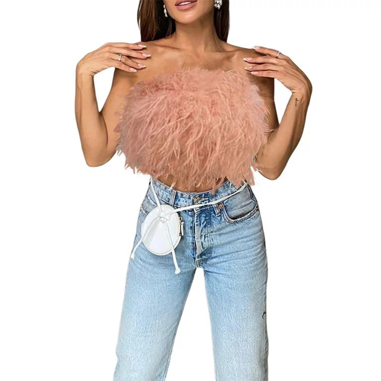 Canis Women Feather Cami Tube Faux Fur Sleeveless Crop Top Girls Fairycore Mini Vest Shirt Party ... | Walmart (US)