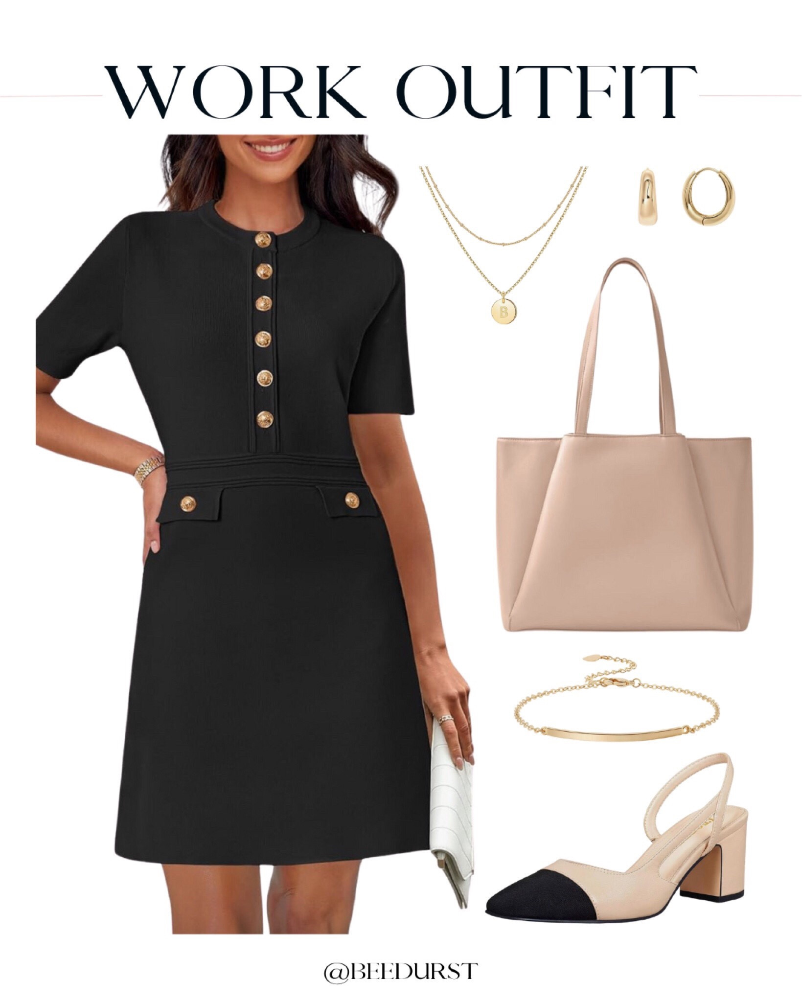 Amazon work outfit, office outfit, office dress, work dress, button front dress, cute work dress, cute office dress, black work dress, black office dress, designer inspired heels, black toe heels, office heels, work heels, work bag, beige work bag, tote bag, work tote bag, dainty bracelet, gold bracelet, initial necklace, dainty necklaces, huggie hoops, gold hoops 

#LTKItBag #LTKWorkwear #LTKShoeCrush