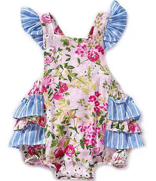 Baby Girls Flutter Sleeve Floral Striped Mixed Media Printed Bubble Romper | Dillard's