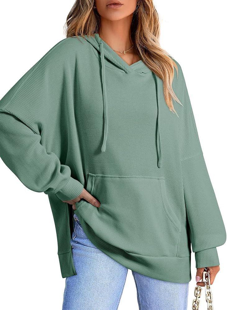 Dokotoo Oversized Hoodies for Women Casual Long Sleeve Waffle Knit Drawstring Side Slit Pullover ... | Amazon (US)